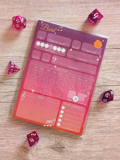 A6 D&D Class Character Sheet Note Pads